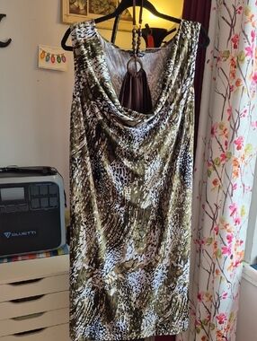 3X Sleeveless Choker & Cowl Neck Dress (Stretchy) Olive, Ivory, Black and White